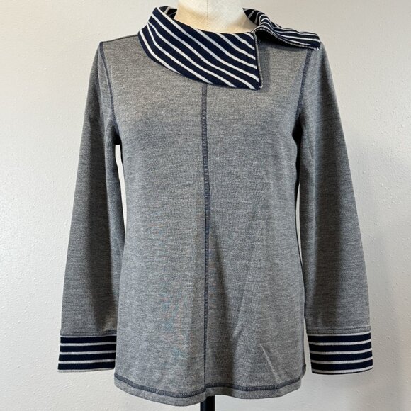 Weekends By Chico's Tops - Weekend by Chico's Striped Collar Top Sz 0 (S/M) Cowl Neck Gray Blue Long Sleeve